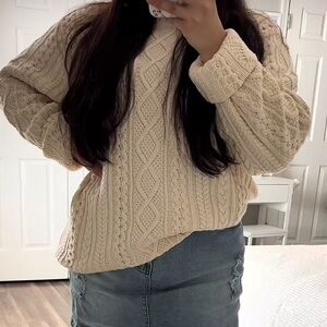 Cable Knit Sweater and Denim Skirt